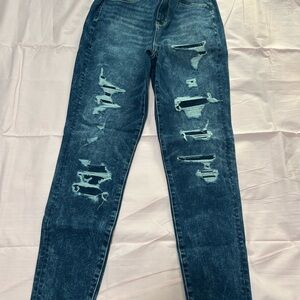 American Eagle Outfitters Blue Skinny Jeans with Distressed Details